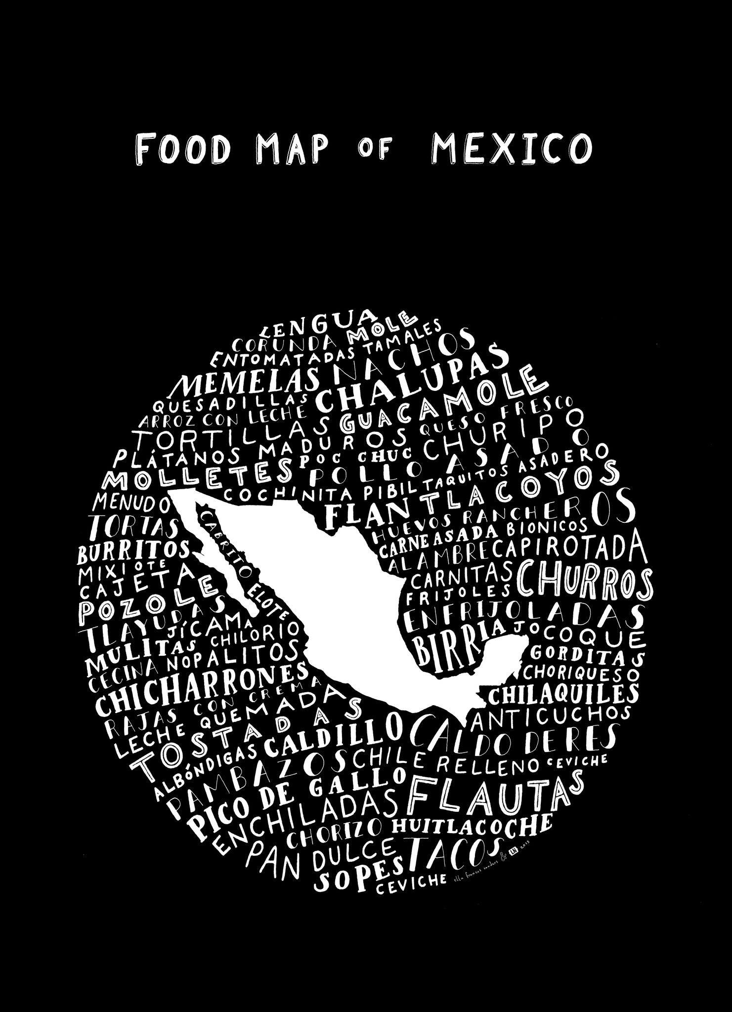 mexico food map black poster