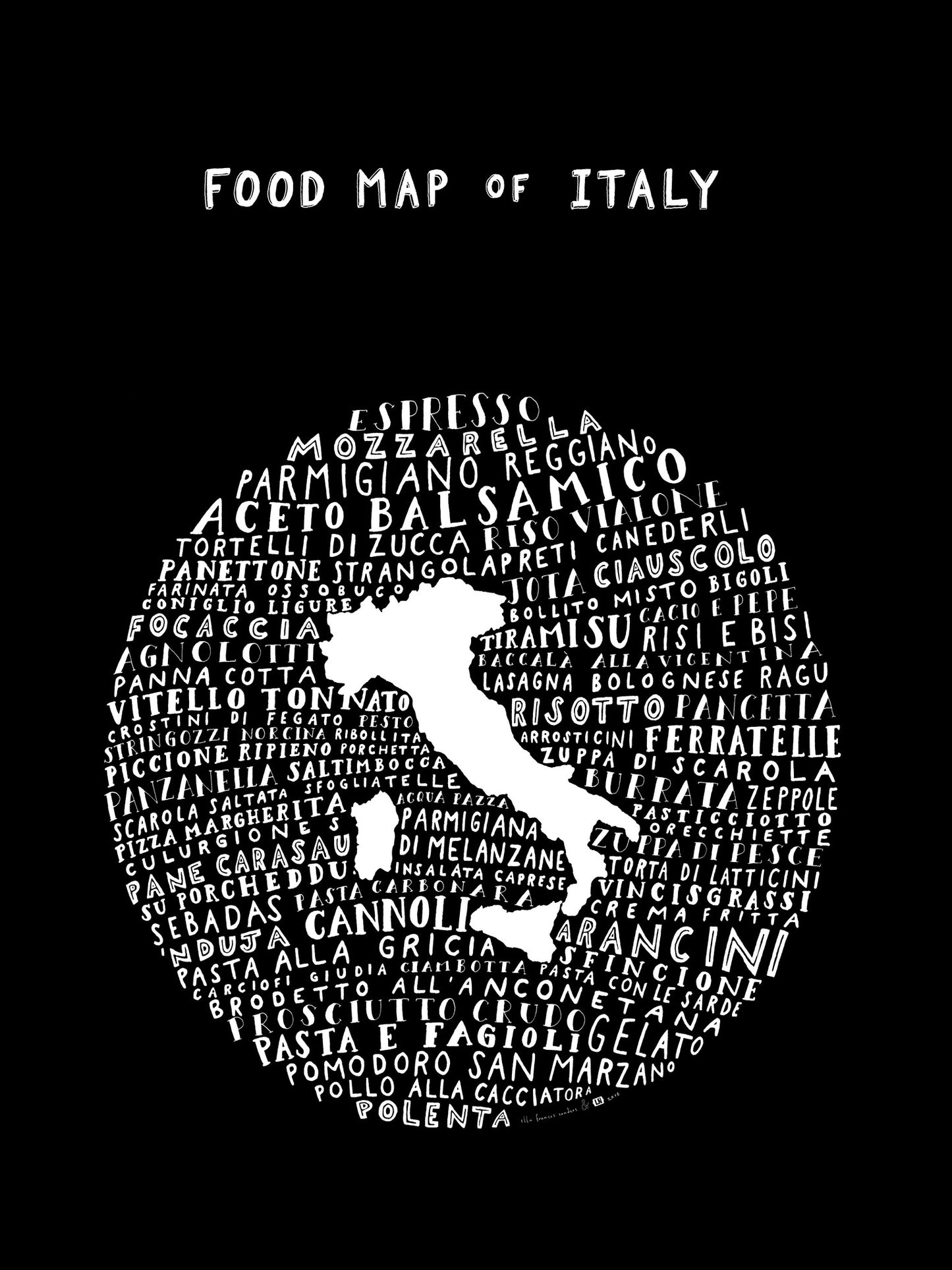 Food Map of Italy - Black Poster