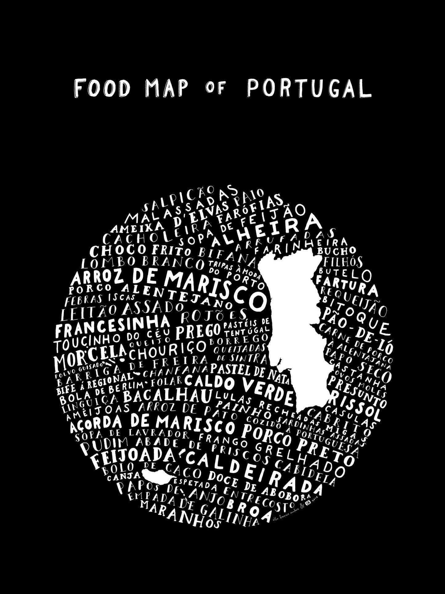 typographic food map of portugal black